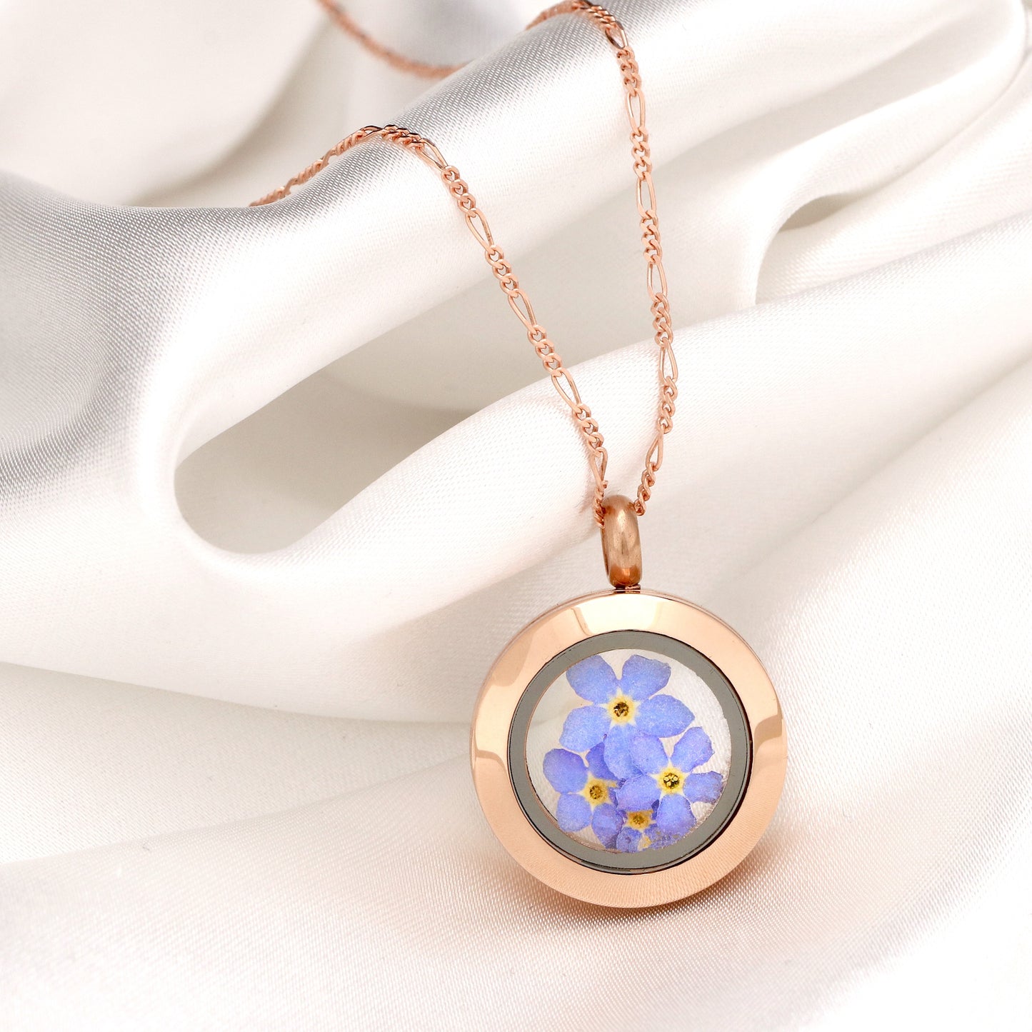 Rosegold guldpläterad medaljong glöm-mig-inte - 925 sterling guldpläterad kedja med äkta blommor - K925-126