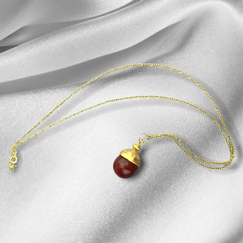 Red Agate Pearl Gold Pendant Chain - 925 Sterling Gilded Oriental Gem Orient Smycken - K925-83