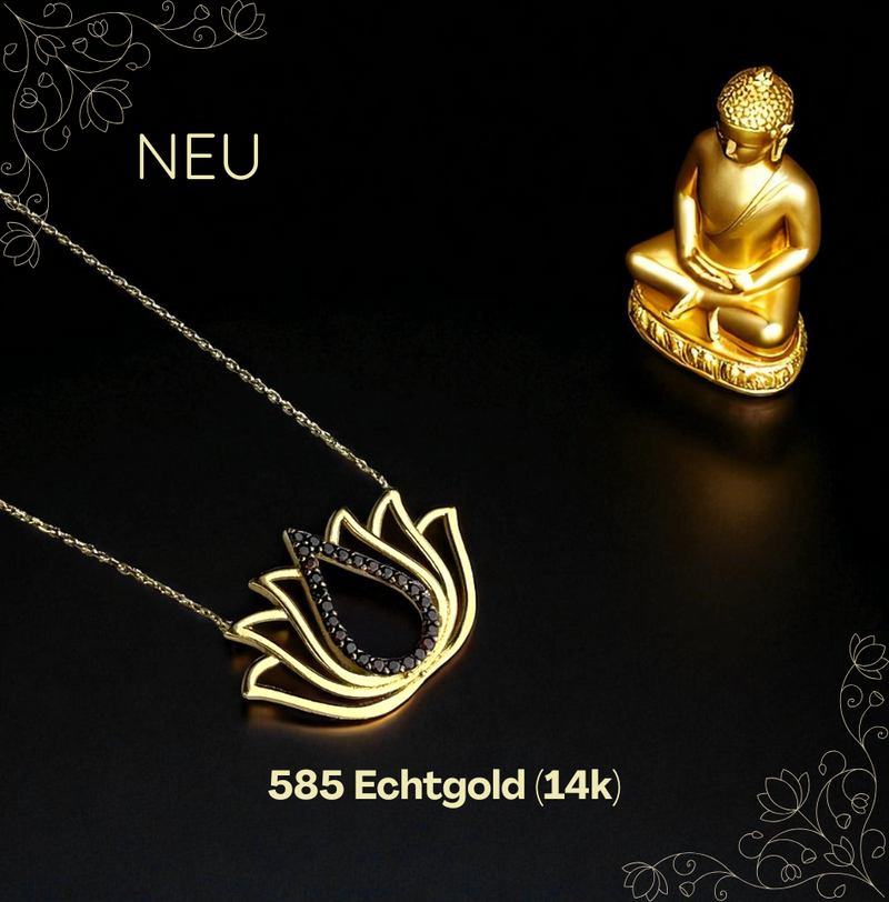Echtgold 585 Lotus-Kette mit schwarzen Zirkonia – 40 cm – Spirituelle Damen Halskette in feinem Design