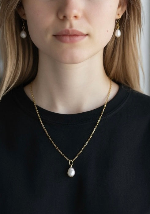 Barock Keshi Perlen Schmuckset – 925 Sterling Silber 18k vergoldet | Halskette 50cm & Ohrringe | Hypoallergen | Nickelfrei