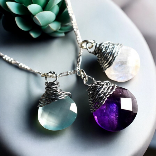 Ädelstenskedja med Aquamarine Moonstone & Amethyst - 925 Sterling Silver - K925-133