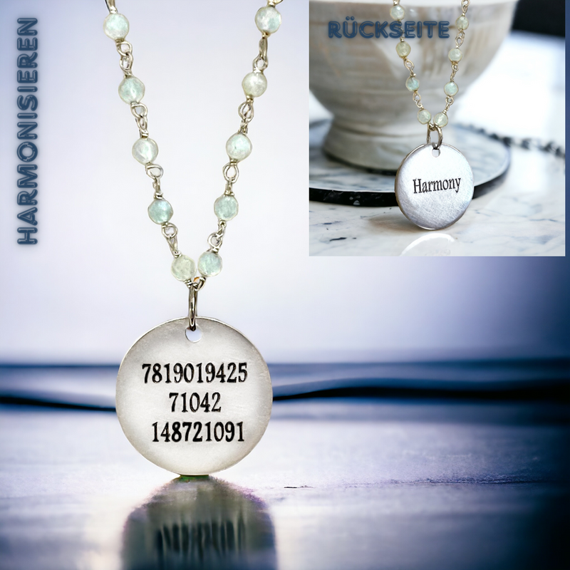 Personalisierte Aquamarin Kette mit Gravuranhänger: Grigori Grabovoi Zahlen für Harmonie und individualisierbare Botschaft!