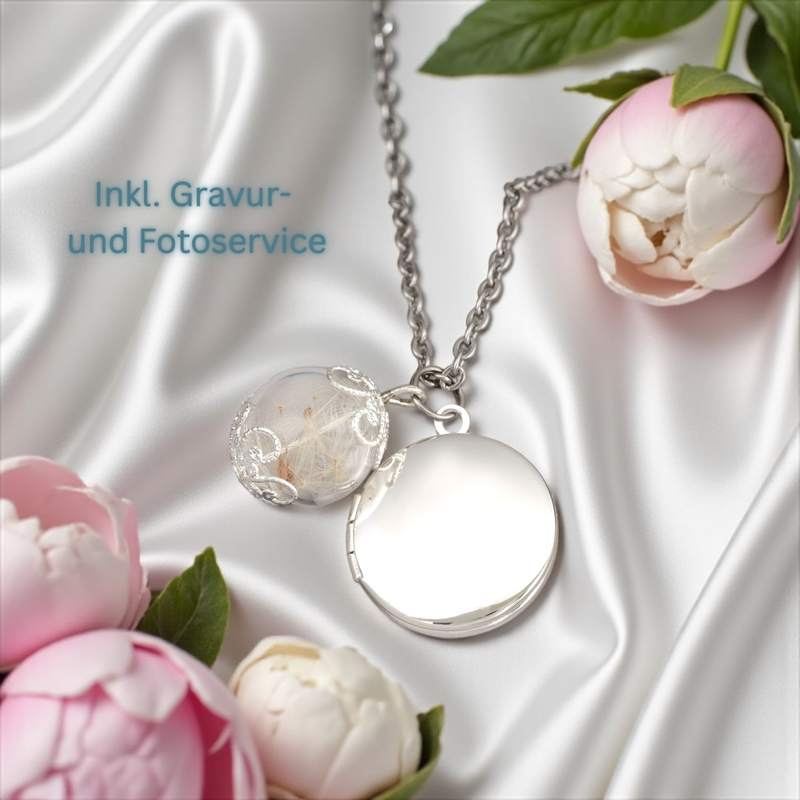 Anpassnings Pust blommor medalj Kedja med Photoservice - Silver pläterad - VIK-123