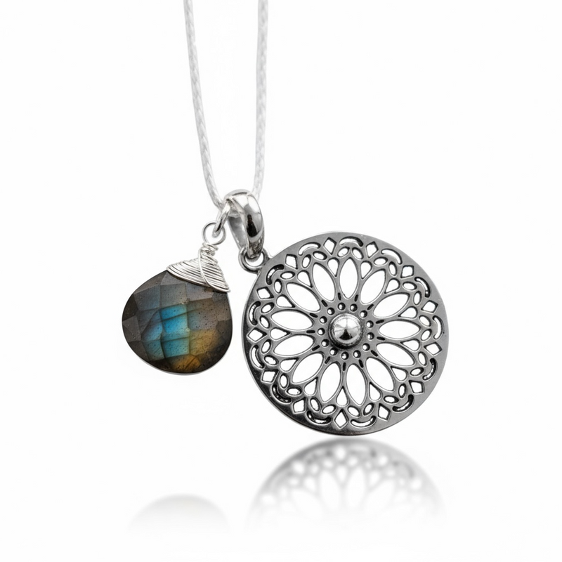 Labradorit Gemstone Mandala Smycken Set - 925 Sterling Silver Meditation Chain - K925-118