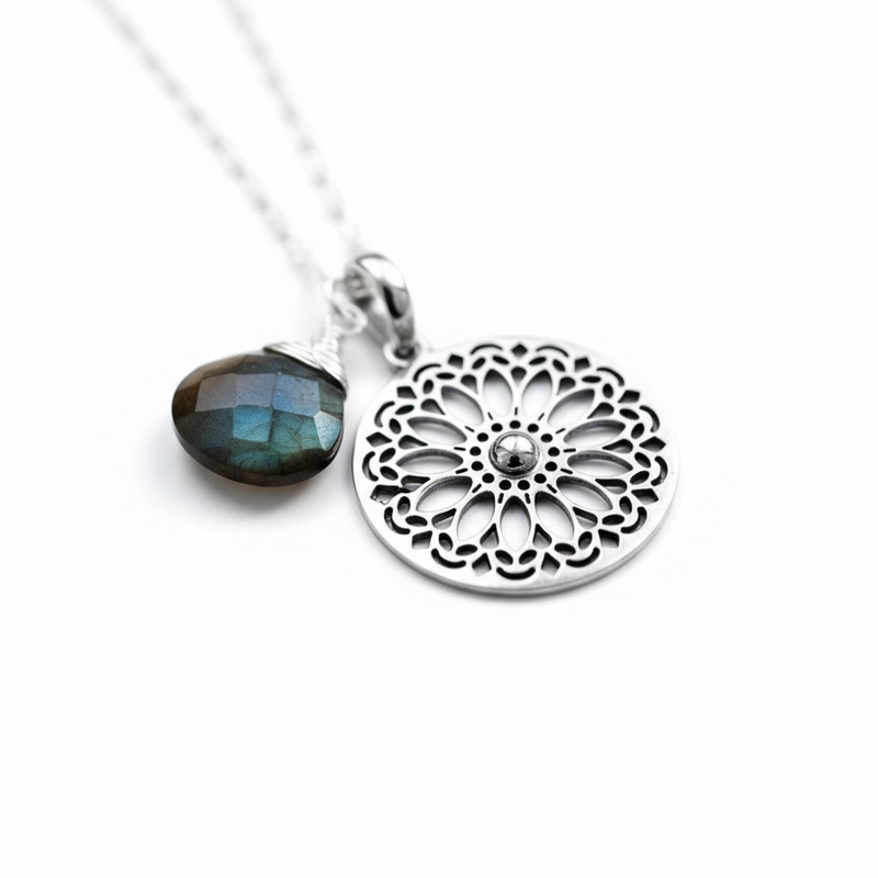 Labradorit Gemstone Mandala Smycken Set - 925 Sterling Silver Meditation Chain - K925-118