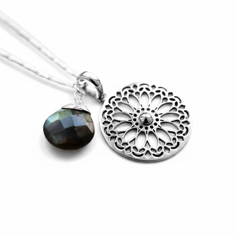 Labradorit Gemstone Mandala Smycken Set - 925 Sterling Silver Meditation Chain - K925-118