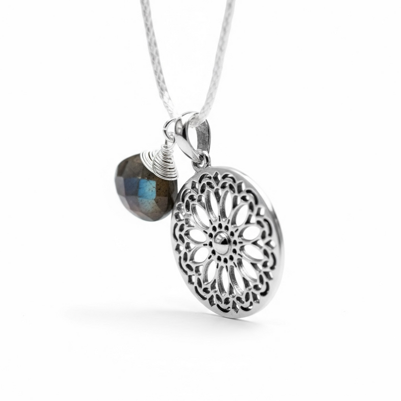 Labradorit Gemstone Mandala Smycken Set - 925 Sterling Silver Meditation Chain - K925-118