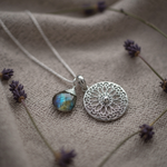 Labradorit Gemstone Mandala Smycken Set - 925 Sterling Silver Meditation Chain - K925-118