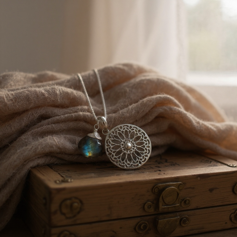 Labradorit Gemstone Mandala Smycken Set - 925 Sterling Silver Meditation Chain - K925-118