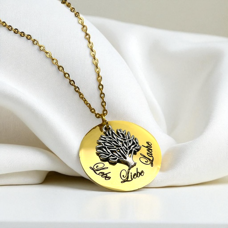 Vergoldete Edelstahl Kette mit Gravuranhänger und silbernem Baumanhänger - Inspirierende Inschrift "Lebe Liebe Lache" - VIK-88