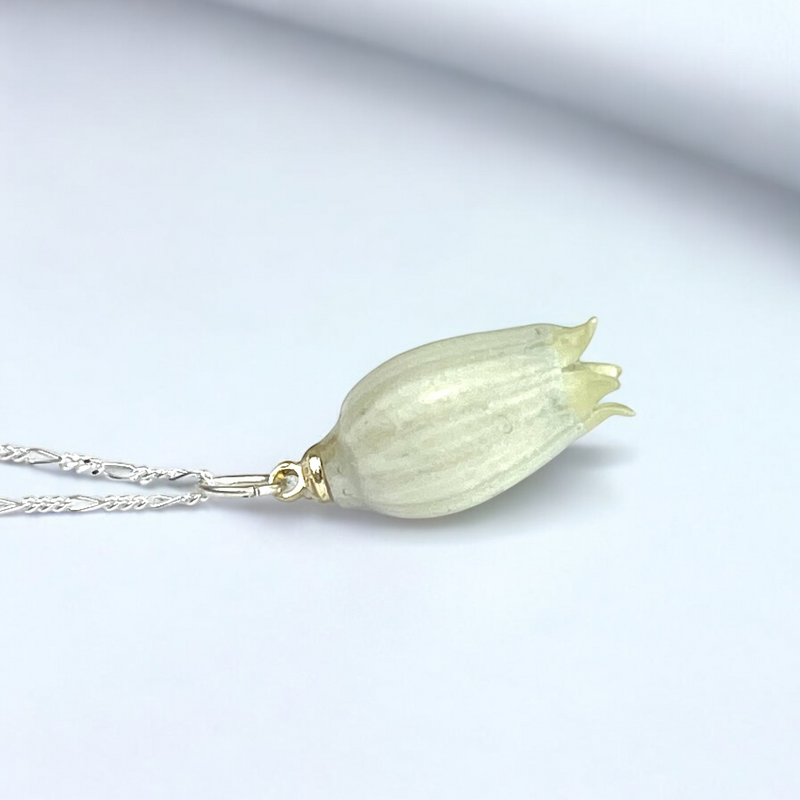 925 Sterling Silber Kette mit echter Maiglöckchen-Blüte – Zeitloser Schmuck für Allergiker, 50 cm Kette, 2,5 cm Anhänger