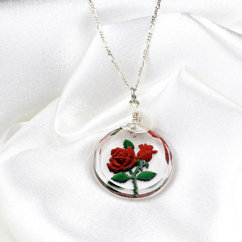 Frostat Rose Glass hänge kedja - 925 Sterling Silver 3D symboliska smycken-K925-47