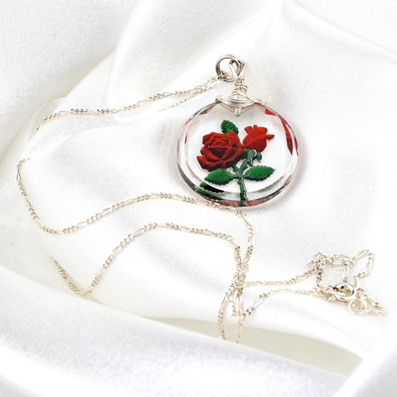 Frostat Rose Glass hänge kedja - 925 Sterling Silver 3D symboliska smycken-K925-47