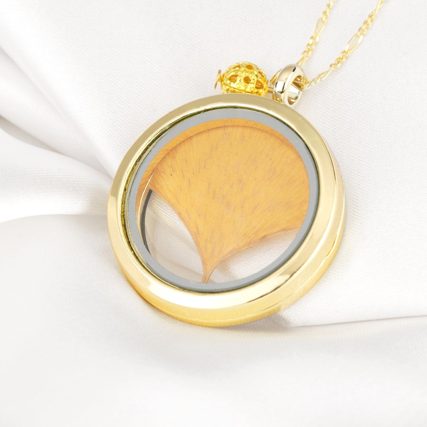 Ginkgo blad guldglas amulett hängsmycke - 925 sterling guldgilded kedja - natur smycken - k925-28