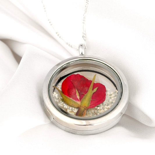 925 Sterling Silver Chain med medaljong "Real Rose & Dill Blossoms"