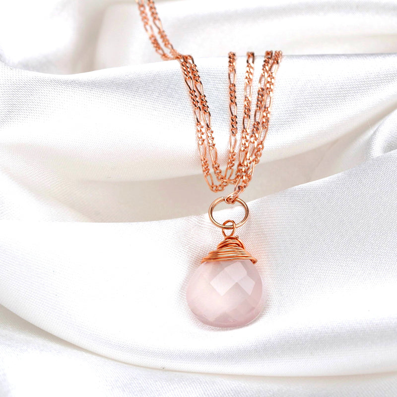 Rose Quartz Drop Kedja 925 Sterling Rose Guldpläterad Rosa Ädelsten Aura Halsband K925-71