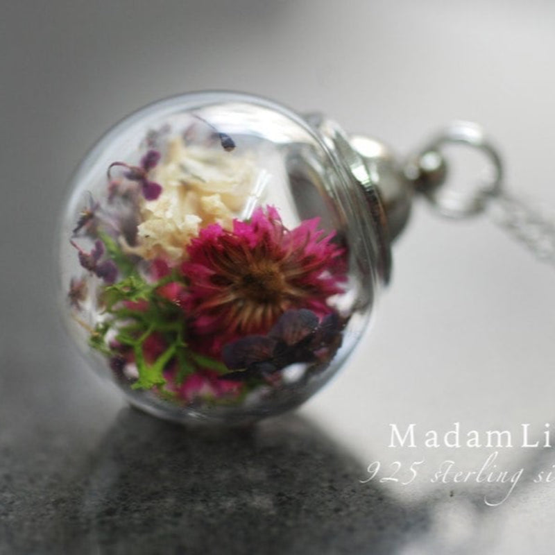 Floral Glass Ball hänge med riktiga blommor - 925 Sterling Silver Wildflower halsband-K925-78