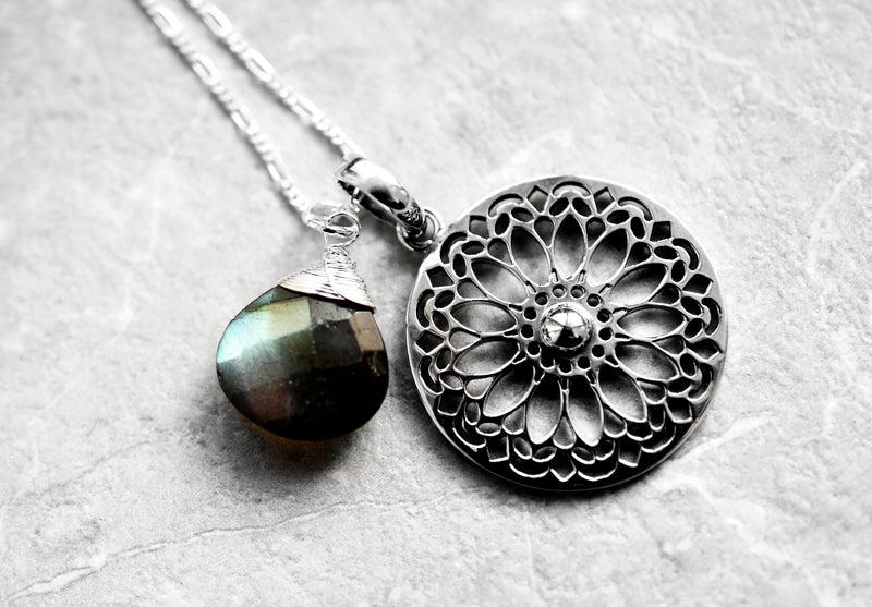 Labradorit Gemstone Mandala Smycken Set - 925 Sterling Silver Meditation Chain - K925-118