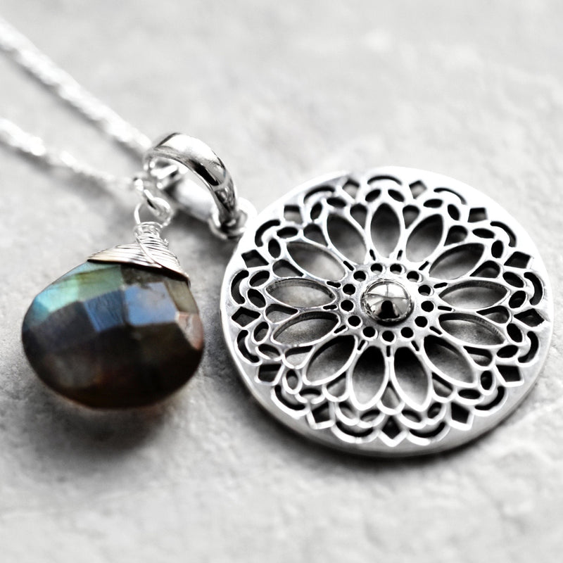Labradorit Gemstone Mandala Smycken Set - 925 Sterling Silver Meditation Chain - K925-118