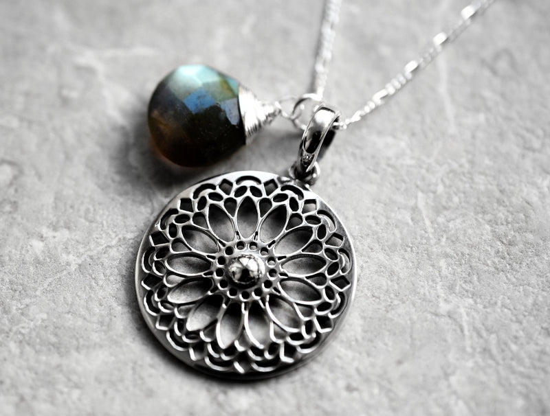 Labradorit Gemstone Mandala Smycken Set - 925 Sterling Silver Meditation Chain - K925-118