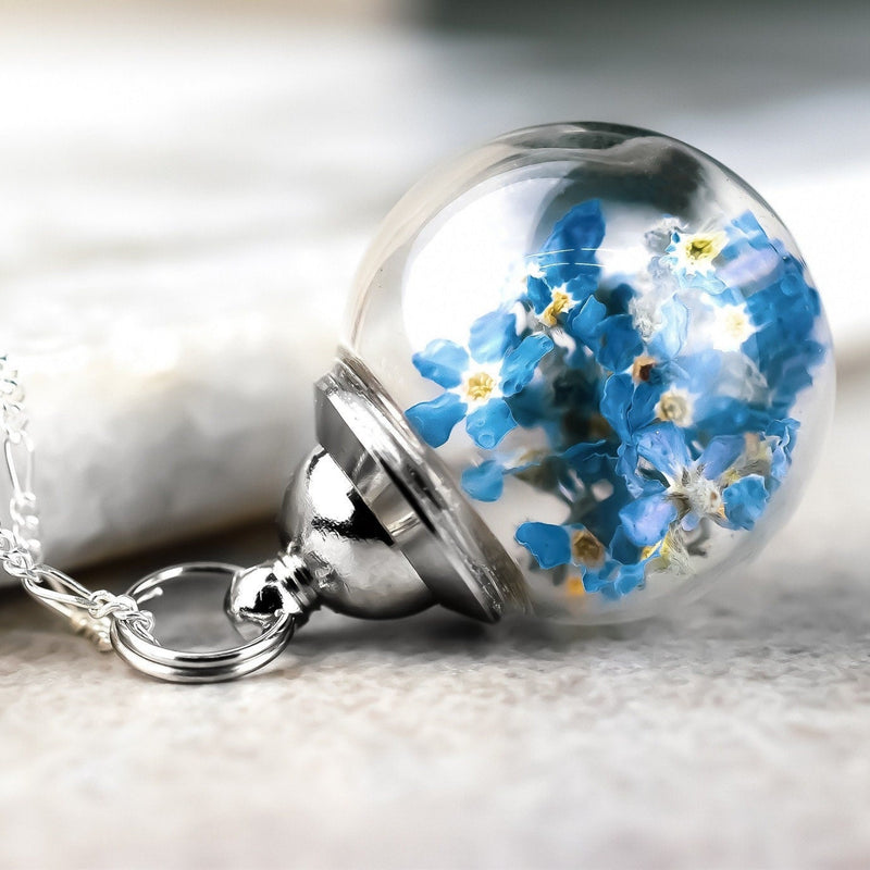 Glöm mig inte blommar 925 Sterling Silver Halsband-Terrarium Botanisk kedja-K925-41