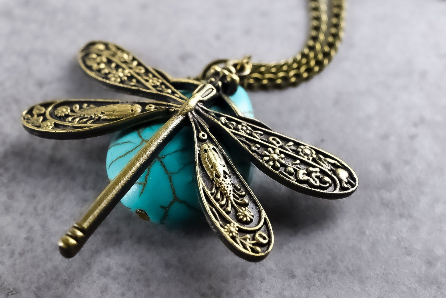 Turkos Drop Dragonflies Pendant Chain - Bronze Dragonfly Blue GEM Necklace - Vik-124