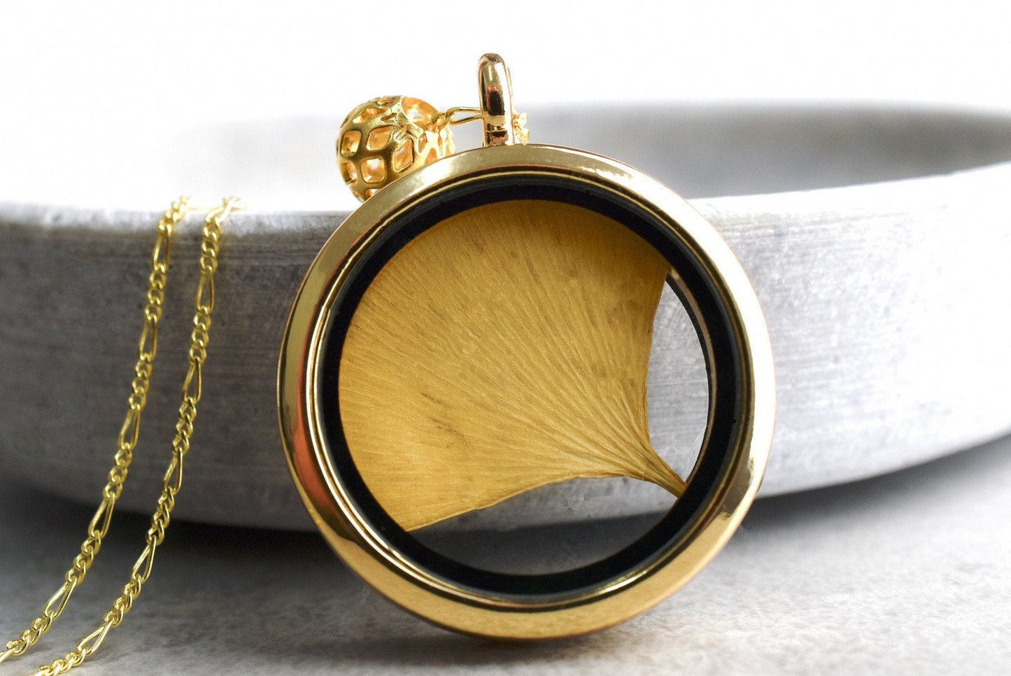 Ginkgo blad guldglas amulett hängsmycke - 925 sterling guldgilded kedja - natur smycken - k925-28