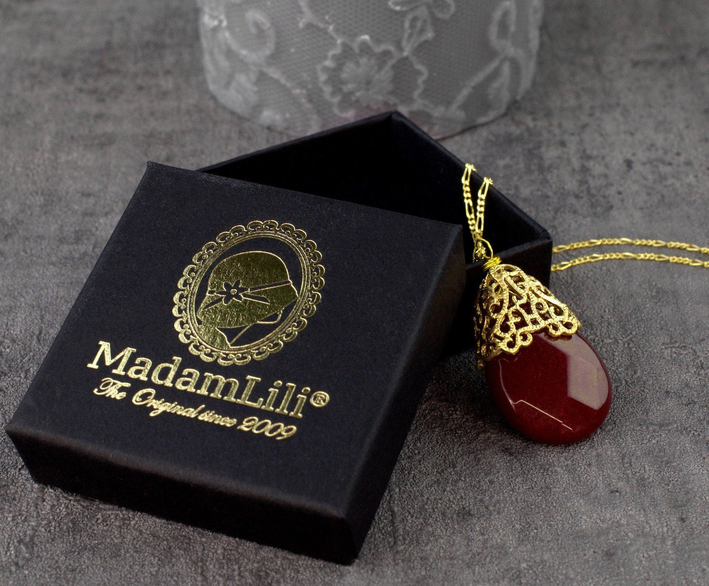 Jade Drop Gold Chain 925 Sterling Gilded Crystal Red Gem Oriental Halsband - K925-82