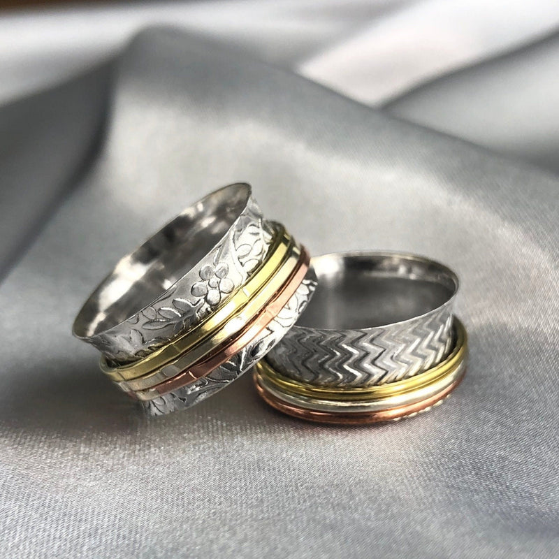 Blommig Meditation Ring med Tricolor Band - 925 Sterling Silver roterande Ring-RG925-25