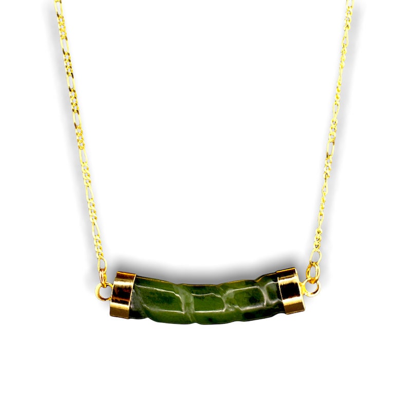 Jade Stab Guldkedja - 925 Sterling Guldpläterad Kristall Grön Gem Oriental Halsband - K925-93