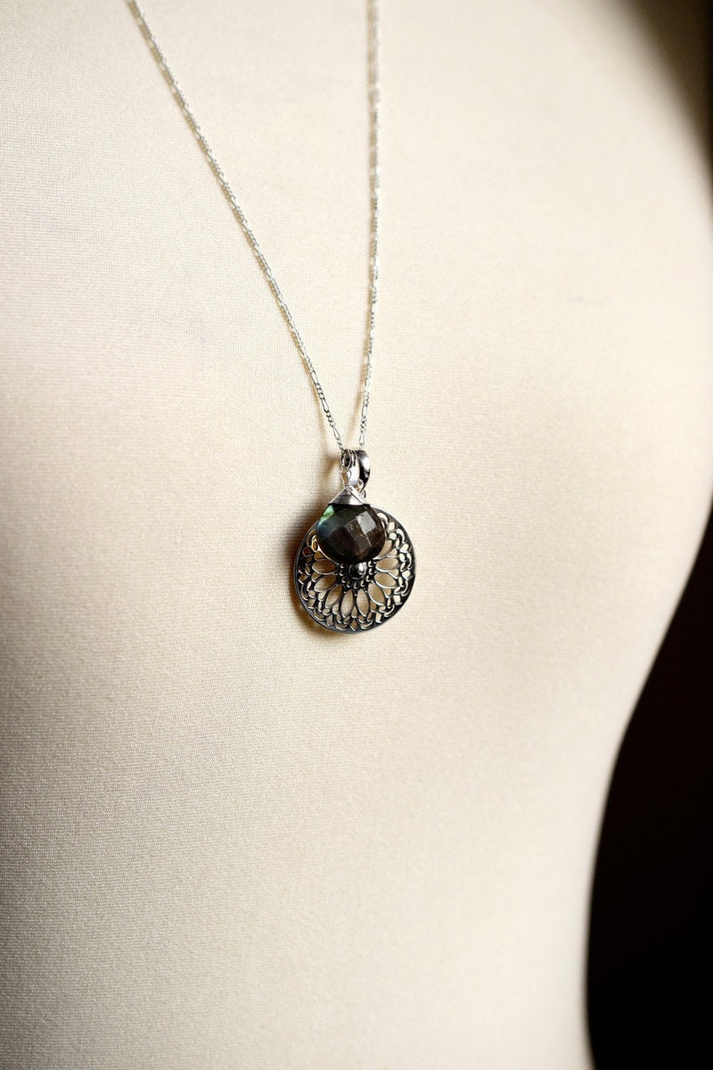 Labradorit Gemstone Mandala Smycken Set - 925 Sterling Silver Meditation Chain - K925-118