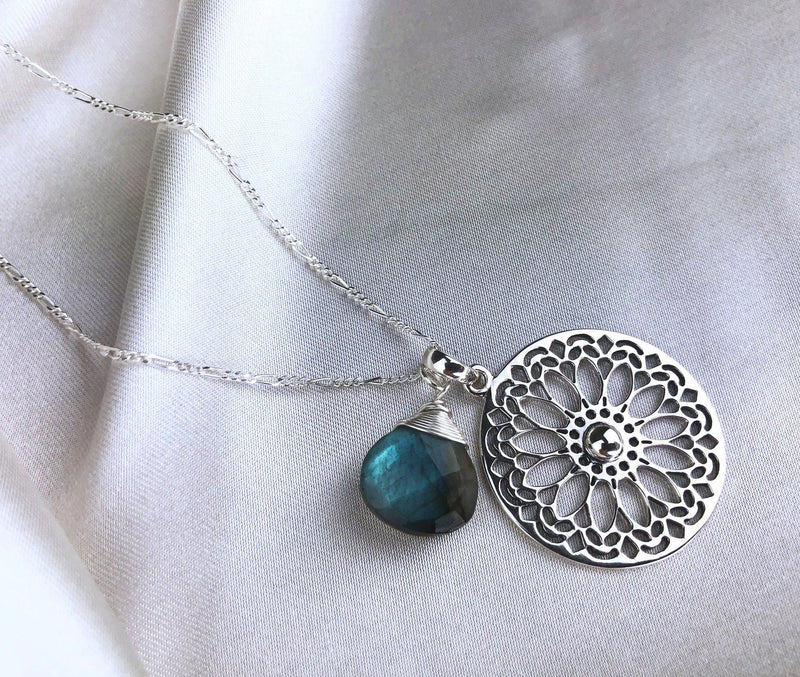 Labradorit Gemstone Mandala Smycken Set - 925 Sterling Silver Meditation Chain - K925-118