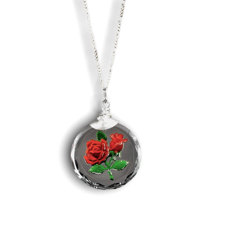 Frostat Rose Glass hänge kedja - 925 Sterling Silver 3D symboliska smycken-K925-47