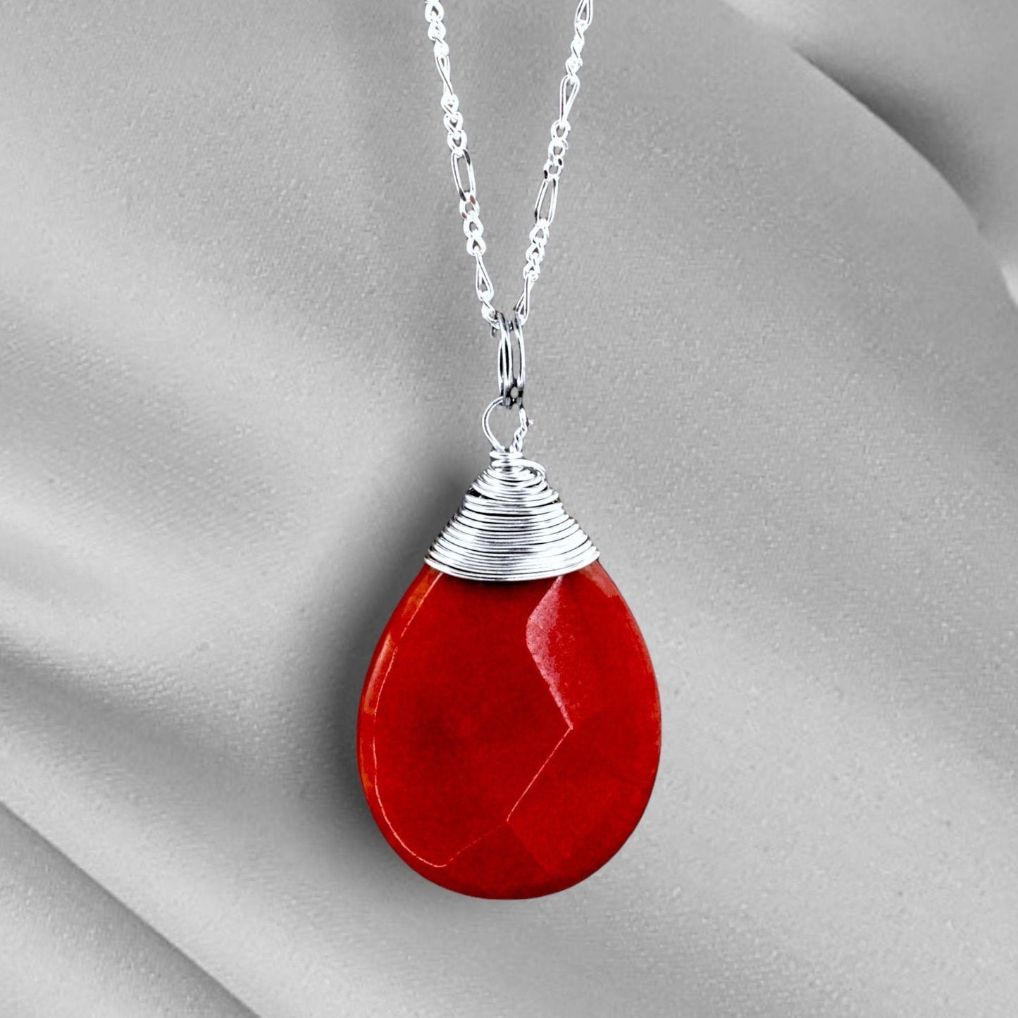Jade drop silver kedja - 925 sterling granatäpple kristall röd pärla halsband - K925-42