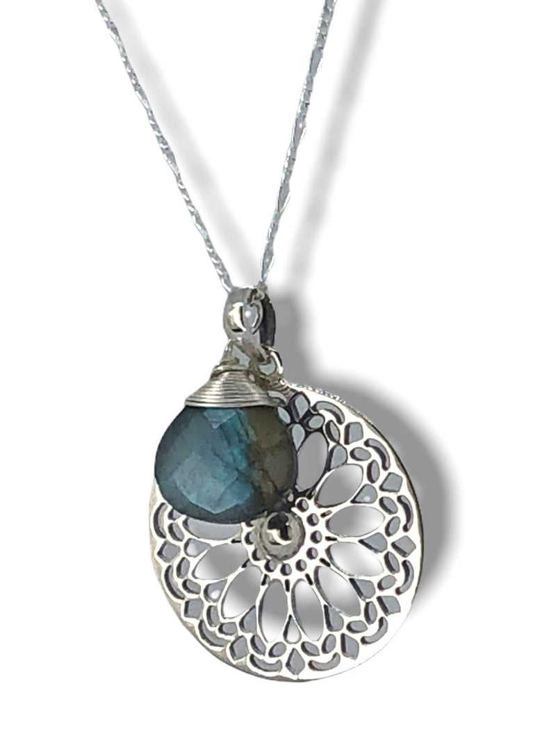 Labradorit Gemstone Mandala Smycken Set - 925 Sterling Silver Meditation Chain - K925-118