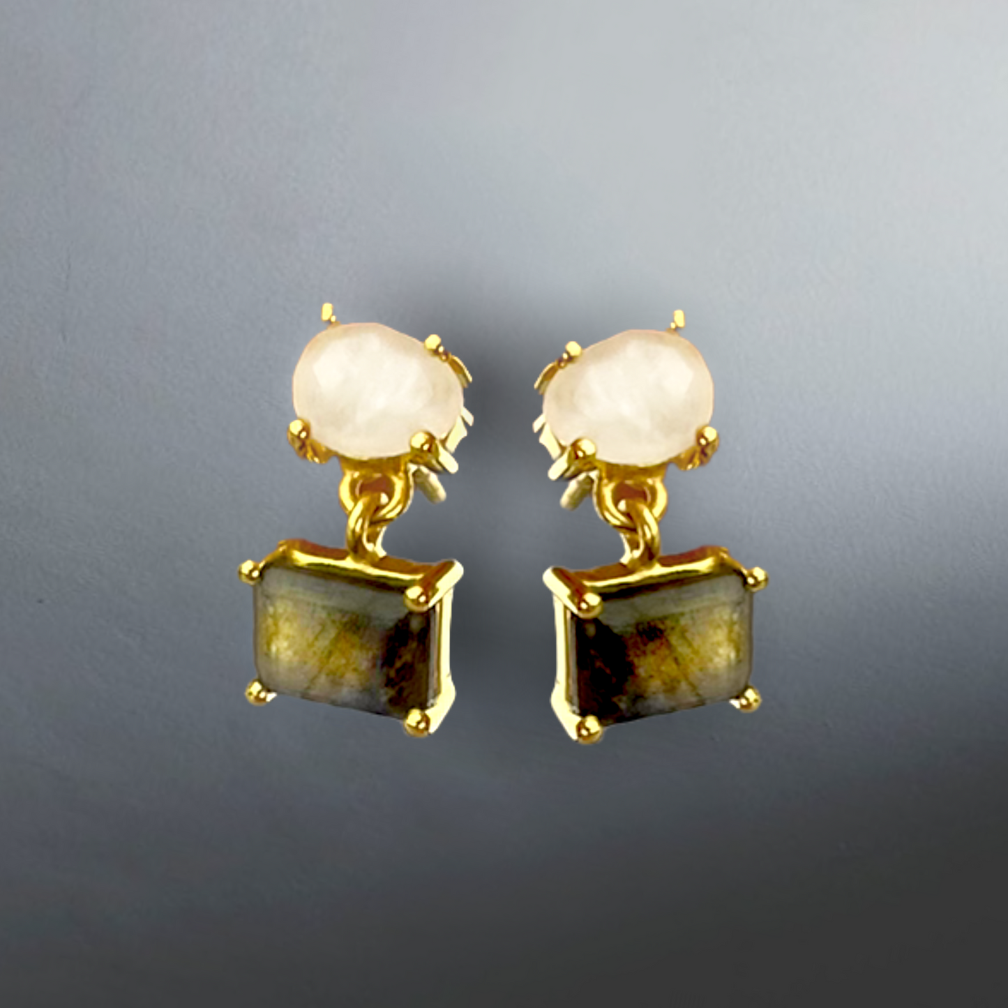 Lyxig Labradorite & Moonstone Gemstone Stud Örhängen - 925 Sterling Gold Plated - Ear925-111